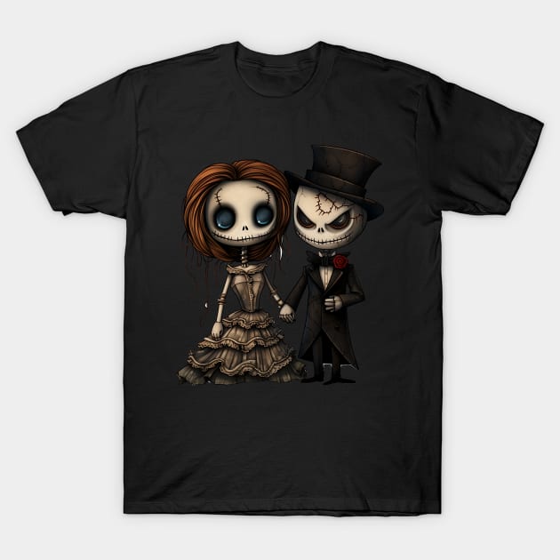 Scary Spooky Doll Halloween Cutte Skull Couple, bride and groom, husband and wife, wedding Creature Fun T-Shirt by smartrocket